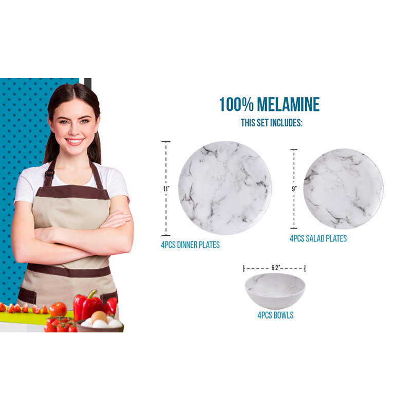 Service de table en mélamine 12 pièces, assiettes, plats, bols, service pour 4, marbre noir mat, Blanc