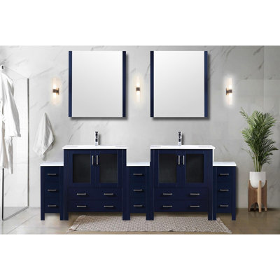 96 po Meuble-lavabo double bleu marine avec armoires latérales, comptoir en céramique blanc, 28 miroirs, conception à fermeture en douceur, meuble-lavabo abondant, l, bleu, 17,5 po, surface, tiroirs, résistance à long terme