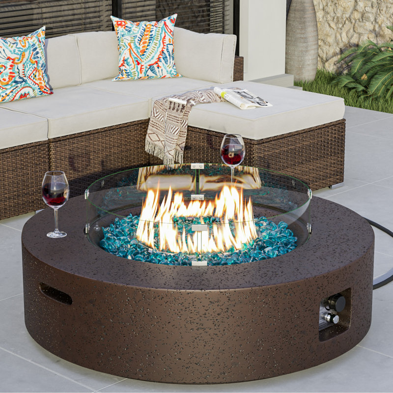 Outdoor Concrete Propane Fire Pit Table, Brown/Blue