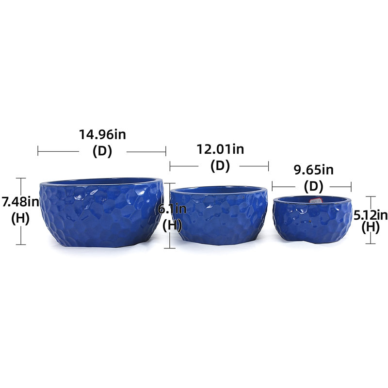 Pot de fleurs en céramique 3 pièces, pot de fleurs intérieur / extérieur moderne, Bleu