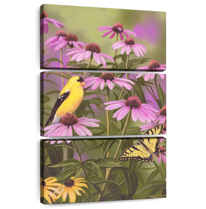 Harnek papillon et pinson parmi les fleurs, H 38 po x l 24 po