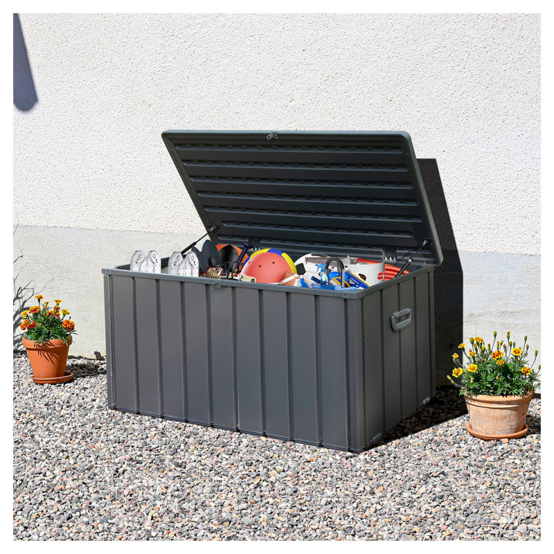 120 Gallon Waterproof Metal Deck Box - Heavy Duty Steel Outdoor Storage Cabinet with Hydraulic Lift & Wheels for Patio, Backyard, and Poolside