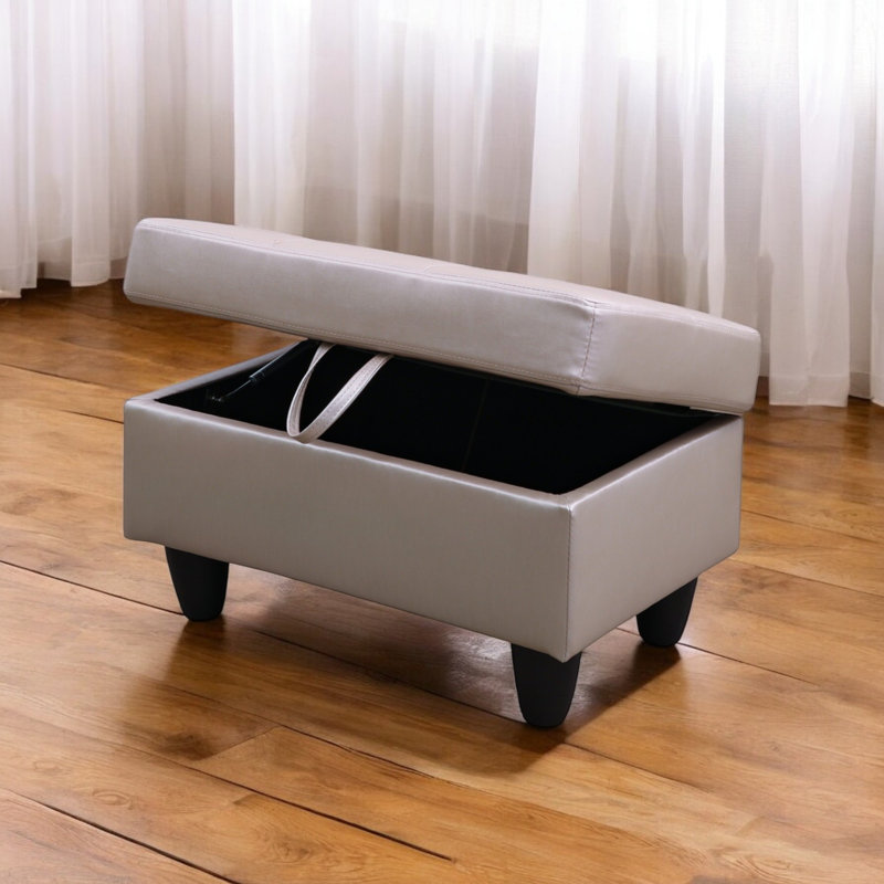 Repose-pieds capitonné rectangulaire avec rangement en similicuir de 28,5 po Orella, Similicuir carré carré au lait