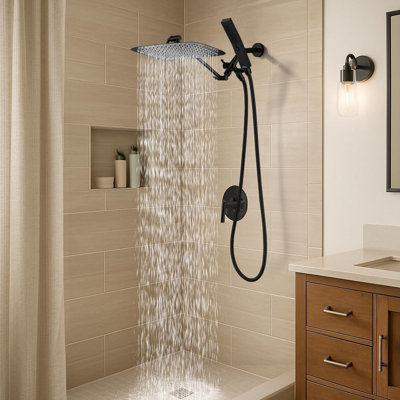 12 Inch Dual Square Shower Head With Handheld Spray Combo, 3-Way Diverter, 71 Inch Hose