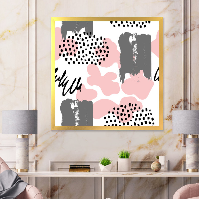 «Pink and Grey Retro Polka Dot Clouds I», reproduction d'art sur toile moderne, H 30 po x l 30 po x P 1 po, Encadrement doré