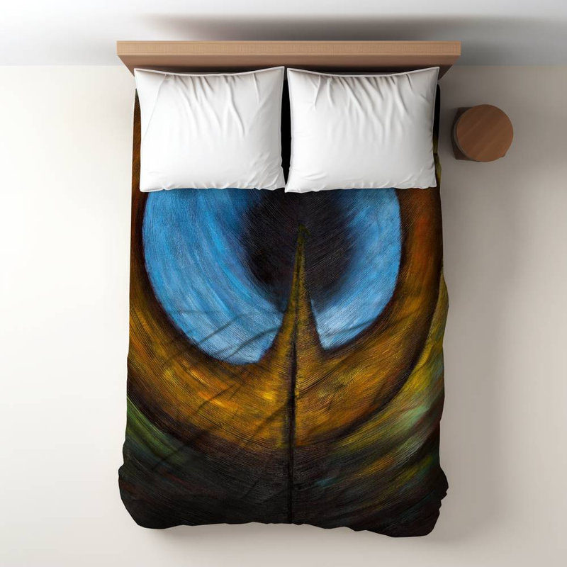 Polyester Sateen Duvet Cover, Twin Duvet, Blue Peacock Feather Center