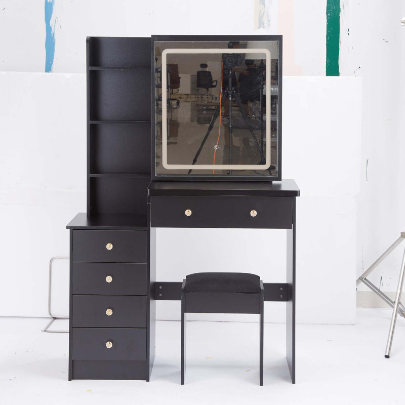 Meuble-lavabo de 37 po avec tabouret de taille moyenne 37 po + tabouret rembourré, grande commande tactile, interrupteur tricolore, miroir à luminosité réglable, rangement grande capacité, convient aux espaces moyens