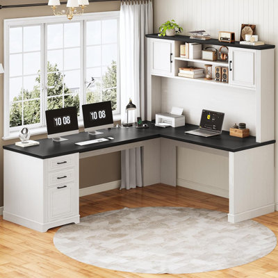 Bureau en L Farmhouse avec huche et 3 tiroirs, bureau de direction de 68,9 po avec tiroir classeur et prise de courant, bureau d'ordinateur en coin avec tablettes de rangement pour le bureau personnel,