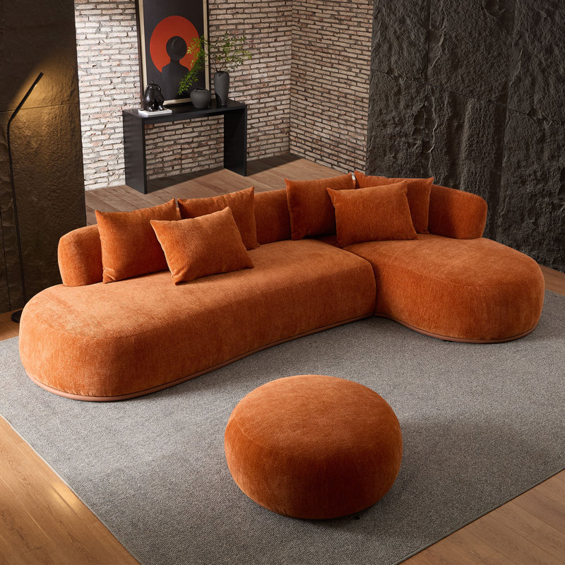 Canapé modulaire rembourré en L avec repose-pieds et 6 coussins Westin, Polyester orange, Oui