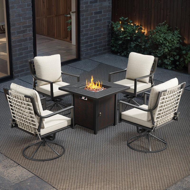 5 - Pieces Square Outdoor Dining Set With Cushions & Fire Pit Table
