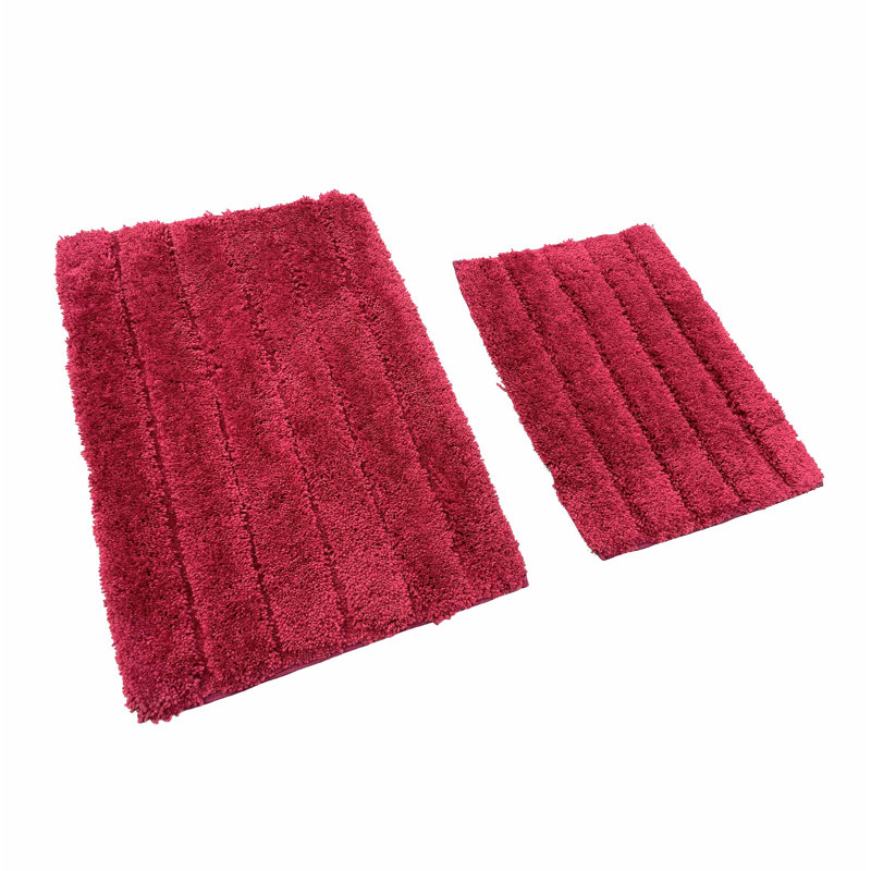 2 Piece Bath Mat Set - Ivory Solid Striped Bathroom Mat Soft Plush Thick, Red