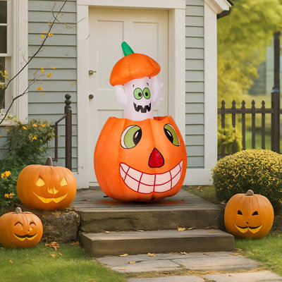 Décoration fantôme de citrouille d'Halloween 2,8 pi avec DEL blanches intégrées, décoration de jardin gonflable Jack-o-Lantern pour la décoration intérieure de pelouse, jardin et fête