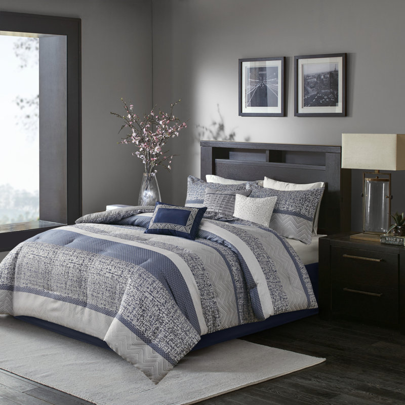 Navy and Gray Geometric Jacquard Queen Comforter Set
