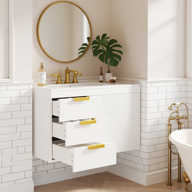 Meuble-lavabo mural 30 po avec lavabo en céramique, Blanc