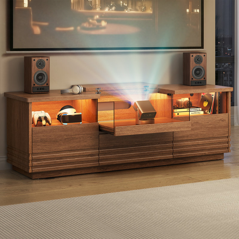 63" Mid-Century Modern Tv Stand With Led Lights, 3 Glass Panel Drawers For Tvs & Projector with Adjustable Projection Distance