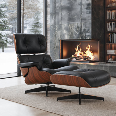 Fauteuil pivotant classique en cuir véritable avec repose-pieds pour maison moderne, fauteuil d'appoint en bois massif