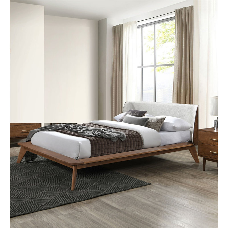 Noyer / beige couleur lit 1pc tissu bord ailé tête de lit plateforme de lit prêt pour le matelas style Mid-Century moderne