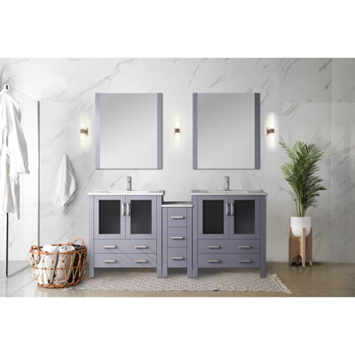 Meuble-lavabo double 72 po L, abat-jour gris foncé, avec armoire latérale, plateau en céramique blanche, structure en bois massif, fonctionnalité de fermeture en douceur, 2 armoires et 7 tiroirs, comptoir large à surface tachée