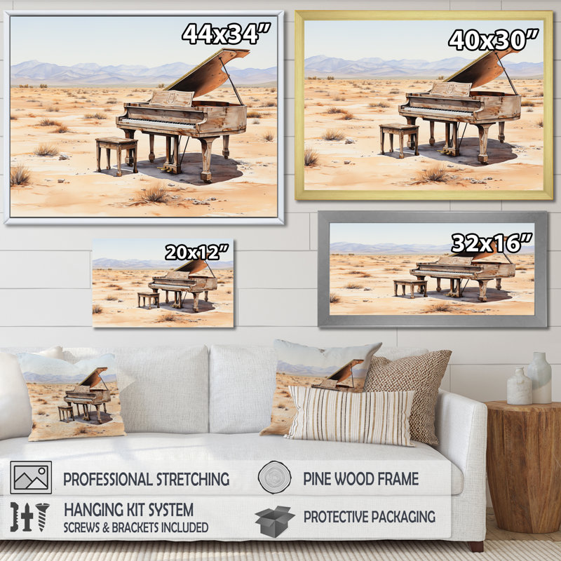 Desert Piano Melody II - Piano, art mural, Cadre doré à coins fermés, H 34 po x l 44 po x P 1,5 po