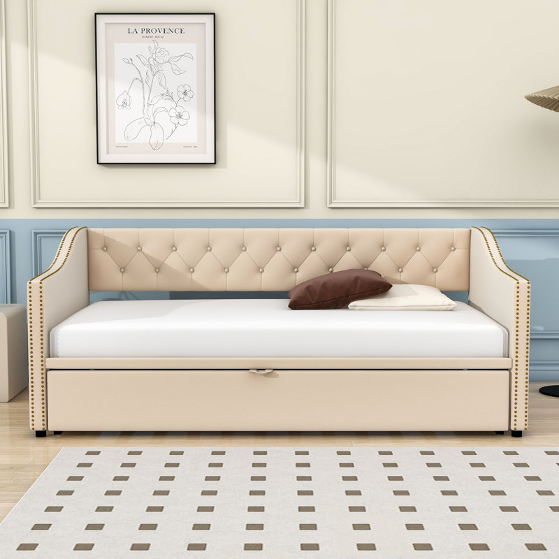 Hokulani Luxurious Twin Velvet Daybed with Twin Trundle and Slats, Beige