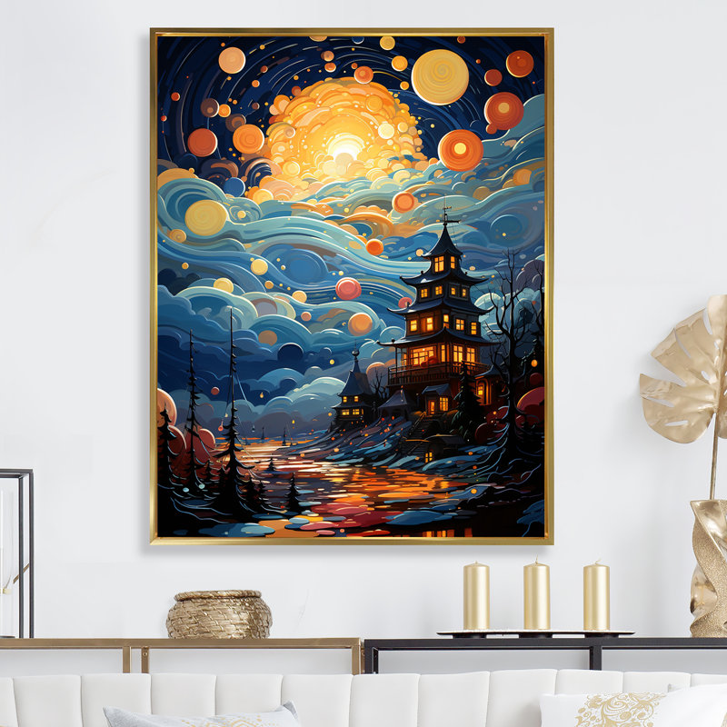 Paysage de château ludique Popart - Décoration murale château_105822, H 44 po x l 34 po x P 1,5 po, Cadre flottant doré