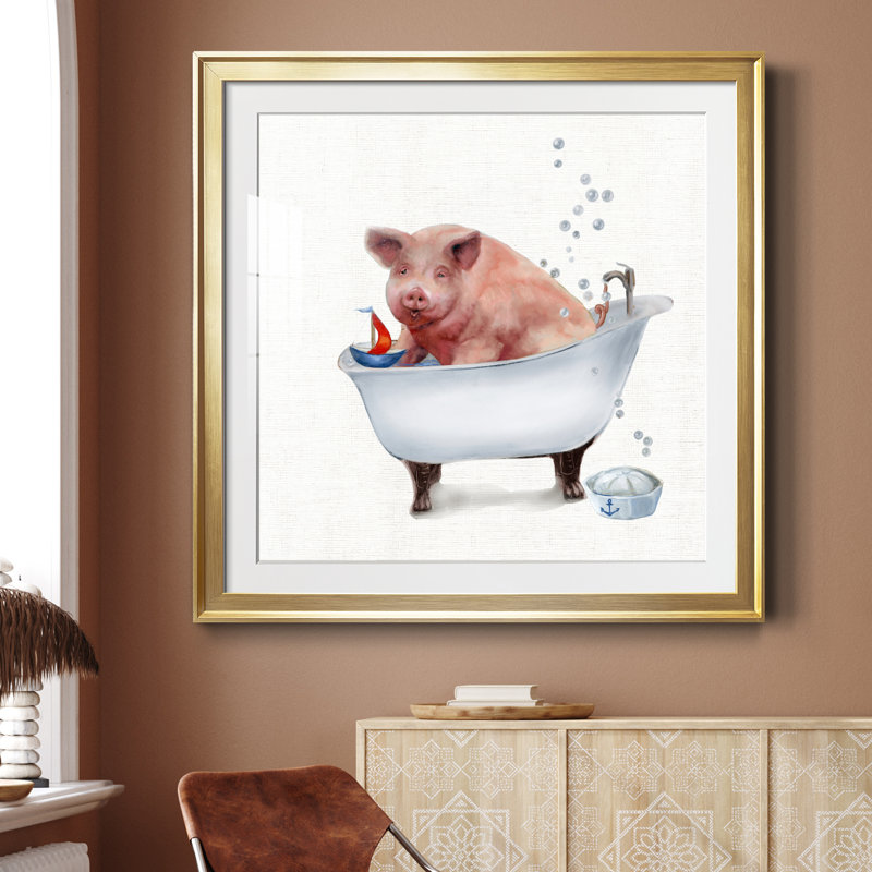 «Farm Tub Pig» - peinture encadrée, Encadrement doré, H 26,5 po x l 26,5 po x P 1,5 po