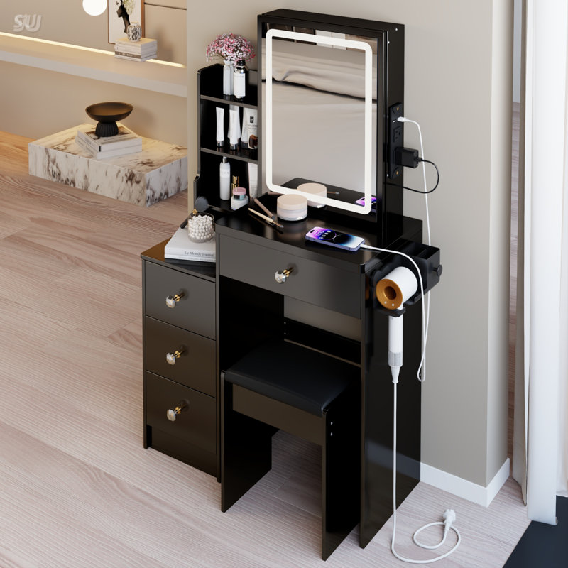 Table de chevet compacte 29,2 pouces avec tabouret, centrale électrique intégrée, support pour sèche-cheveux et miroir à DEL réglable