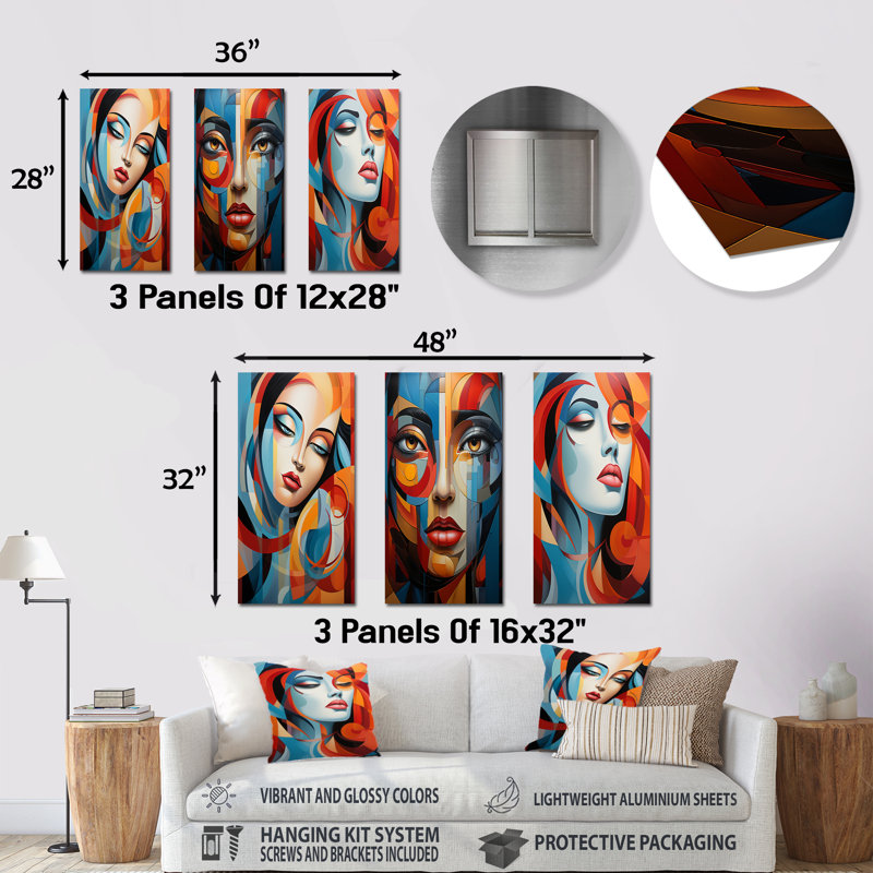 Portrait de femme cubique chromatique - Portrait abstrait, ensemble de 3 reproductions d'art en métal, H 28 po x l 36 po