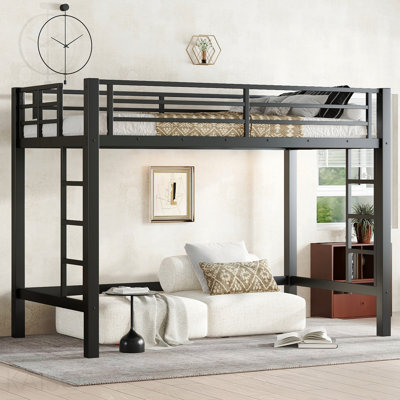Twin  XL Size Metal Loft Bed, Loft Bed with Easy Climbing Ladder and Guardrails , Black