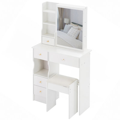 Table de coiffeuse de 29,2 po avec tiroir gauche, tabouret rembourré, miroir coulissant à droite, rangement multi-couches à grande capacité, commode pratique et pratique, convient aux petits espaces