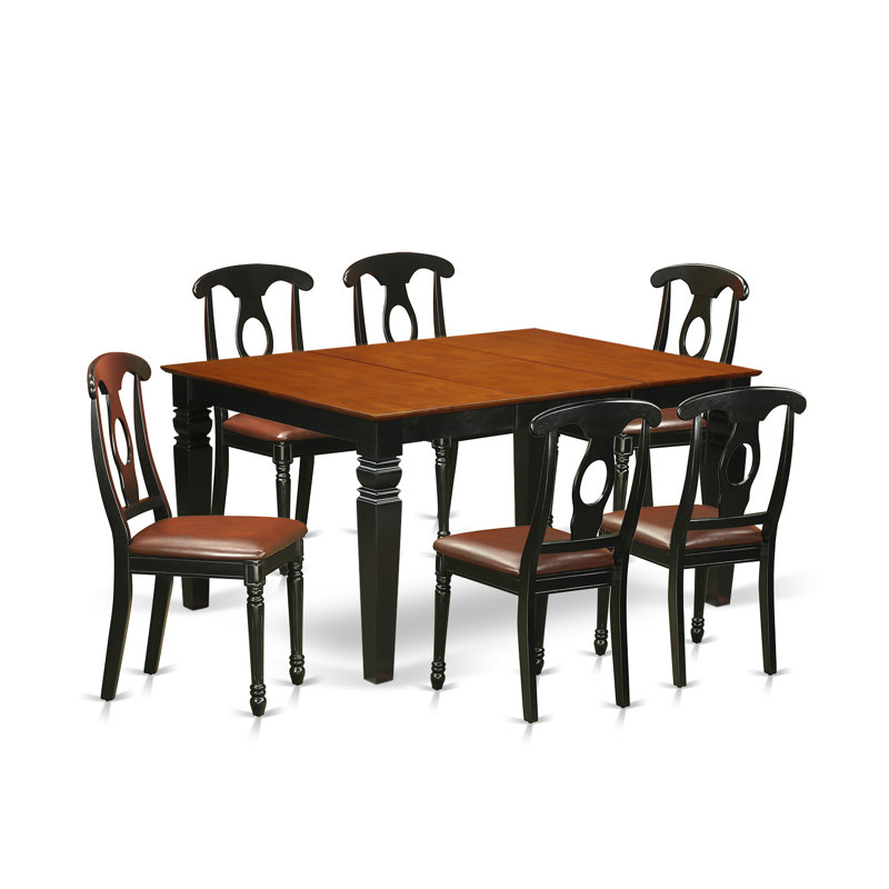 7 Piece Dining Room Table Set Consist of a Rectangle Kitchen Table with Butterfly Leaf and 6 Faux Leather Chairs, Black & Cherry