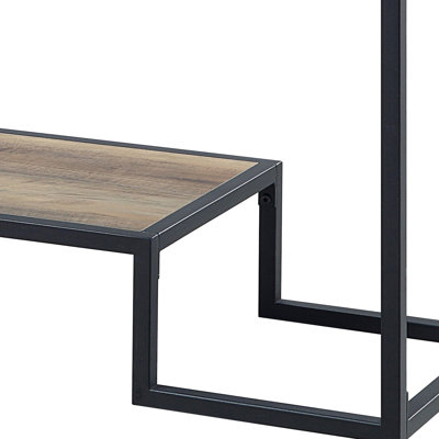 Table avec finition en chêne rustique et noir, base en métal et compartiments de rangement