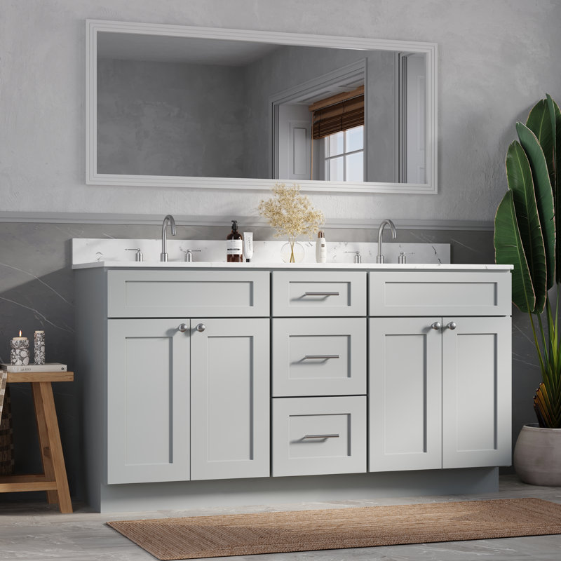 Meuble-lavabo double autoportant 63 po avec plateau en quartz Carrara, 63 po, 3 tiroirs, Gris