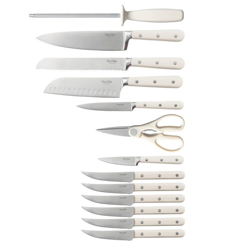 Linen White 14-Piece Stainless Steel Knife Set with Acacia Block