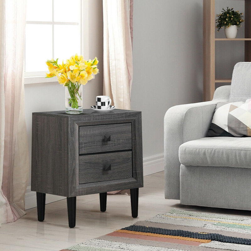 Grey MDF and Rubber Wood 2-Drawer Nightstand with Black Legs