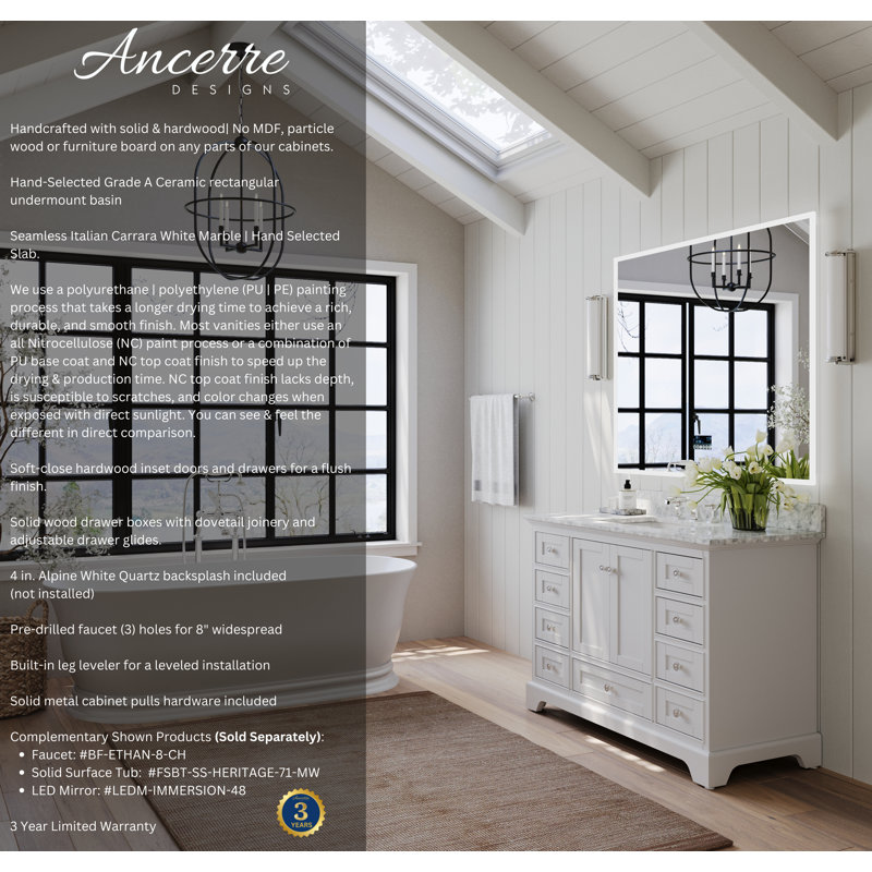 Audrey 48'' W Single Vanity, Carrara White Marble, White/Brushed Nickel