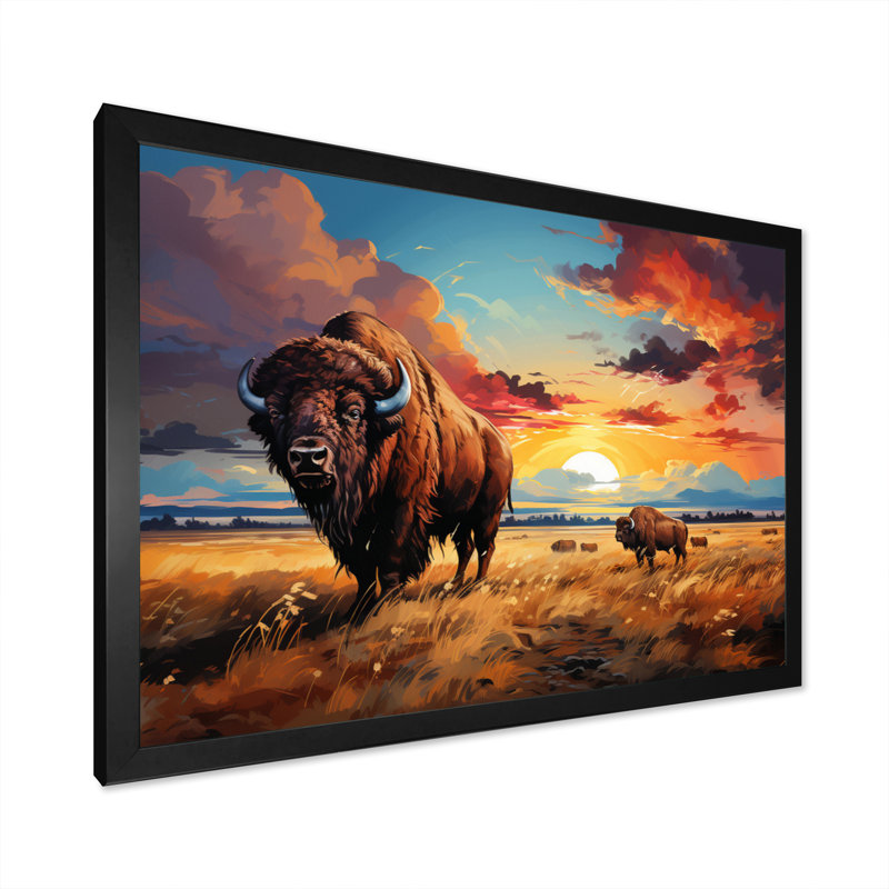 Art amérindien Bison Prairies III - impression, H 16 po x l 32 po x P 1 po, Cadre simple noir