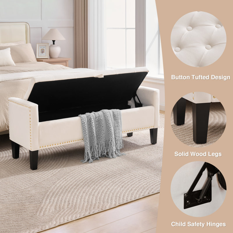 50" Wide Velvet Tufted Rectangle Storage Ottoman, Beige