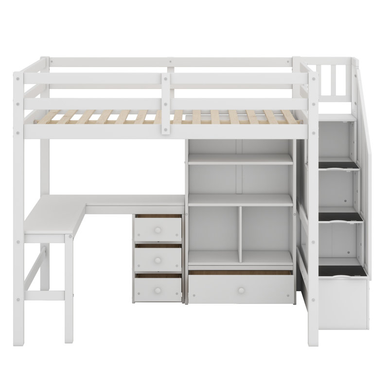 Lit mezzanine avec bureau en L et tiroirs, armoire et escalier de rangement, blanc