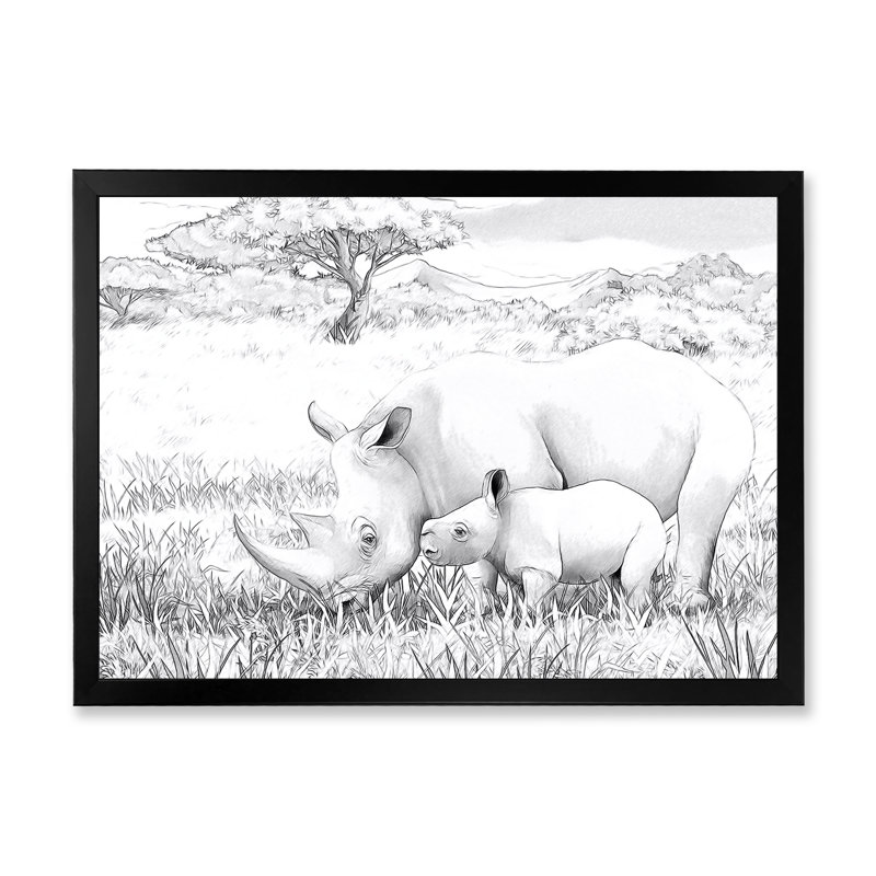 Rhino in African Safari - peinture sur toile, H 12 po x l 20 po, Toile avec cadre de coin noir fermé