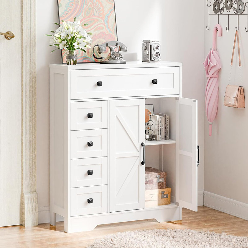 Armoire de rangement Farmhouse - Huche de plancher autoportante avec 2 portes et 5 tiroirs pour la salle de bain, la cuisine ou le salon, blanc