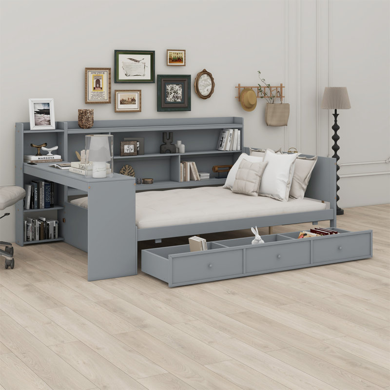 Wooden Daybed With 3 Drawers,USB Ports And Desk, Gray