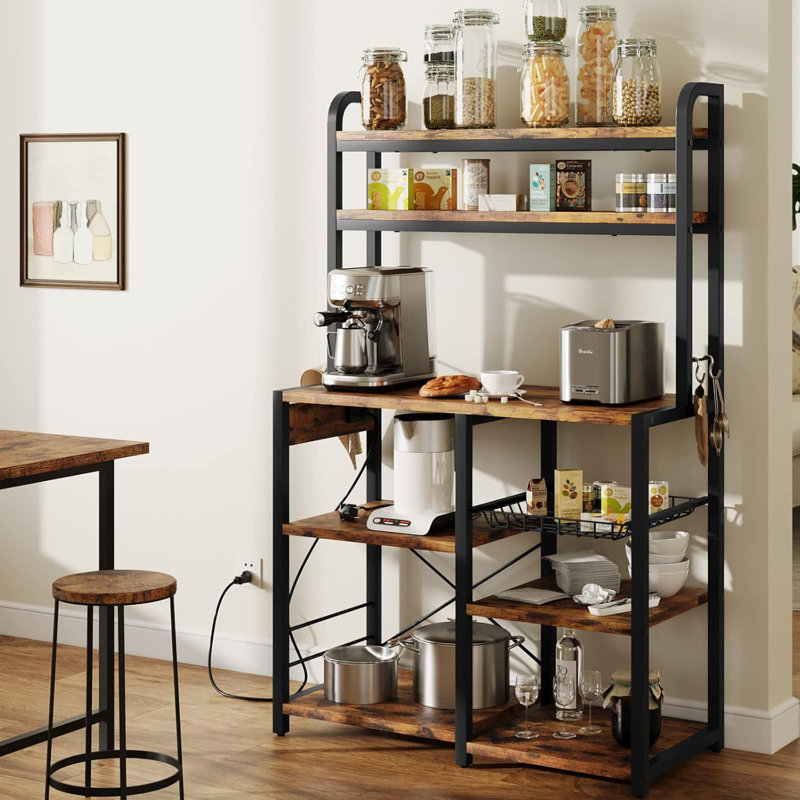 Baker Rack with Power Outlet - Microwave Stand with Storage, Industrial Microwave Stand, Kitchen Buffet Table with Large Storage, 6-Tier Kitchen Storage Rack