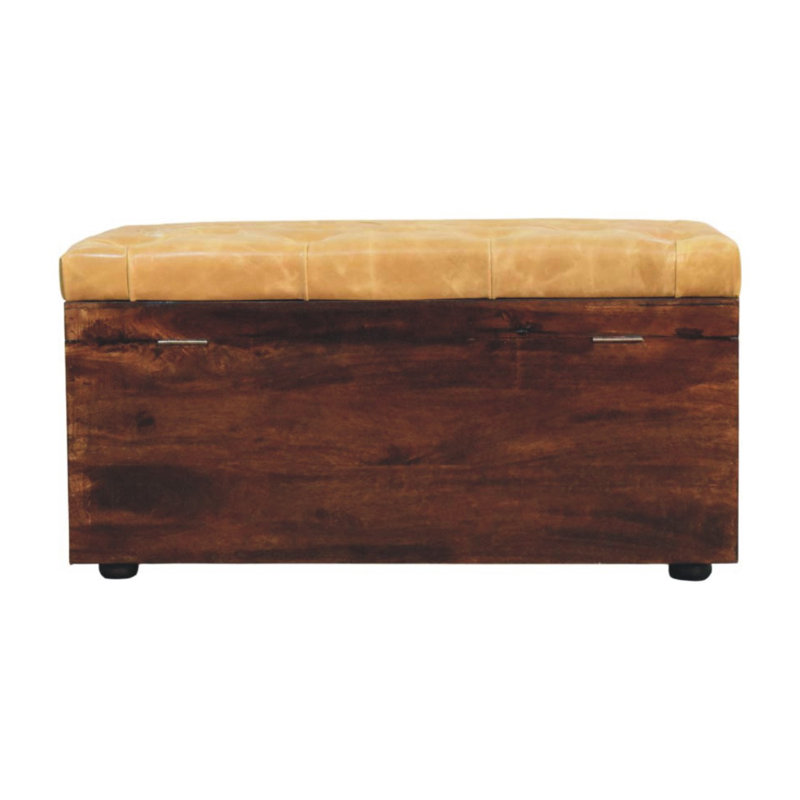 Walnut Storage Trunk Bench With Tan Leather