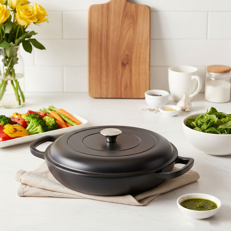 Living And Home 3.2L Cast Iron Round Dutch Oven, Black
