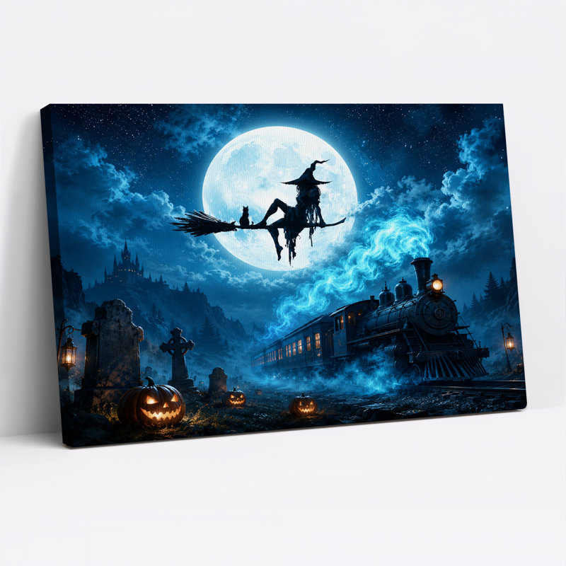 «Witch Flying Over Haunted Train Under Full Moon», art mural sur toile, H 36 po x l 48 po