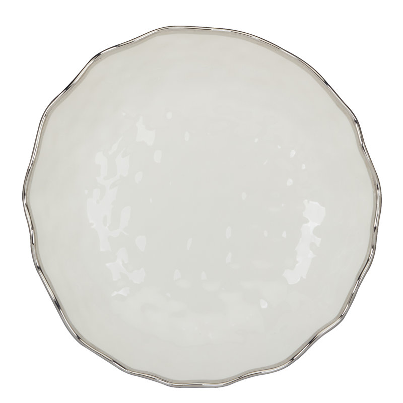 Gray Ceramic Round Serving Bowl with Silver Rim