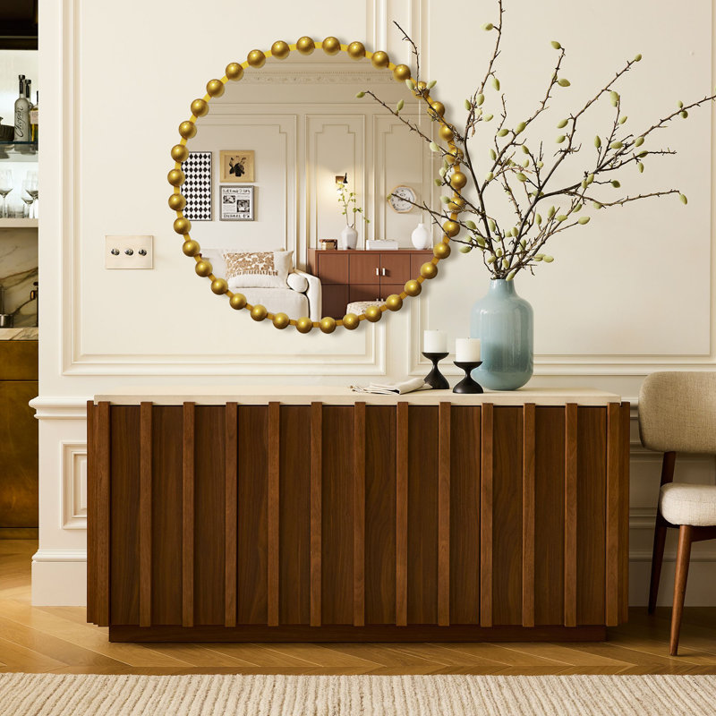 Miroir mural perlé à cadre métallique, miroir d'appoint circulaire en or., Doré, 27 po x 27 po