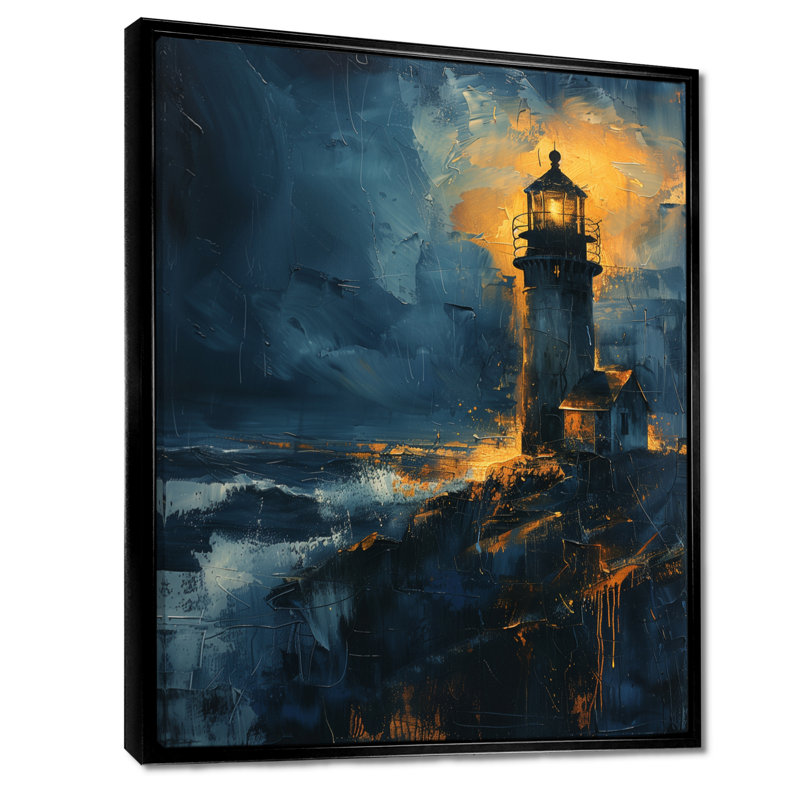 Décoration murale phare noir et bleu clair d'hiver, H 24 po x l 32 po, Cadre flottant noir