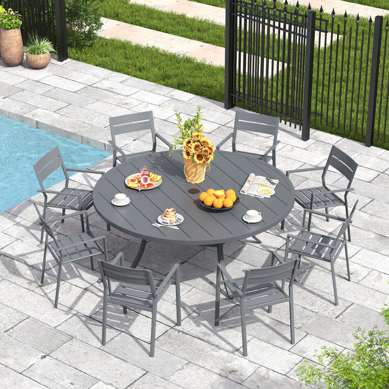 8 - Person Round Outdoor Dining Set With Metal Armrest Chairs, Gray